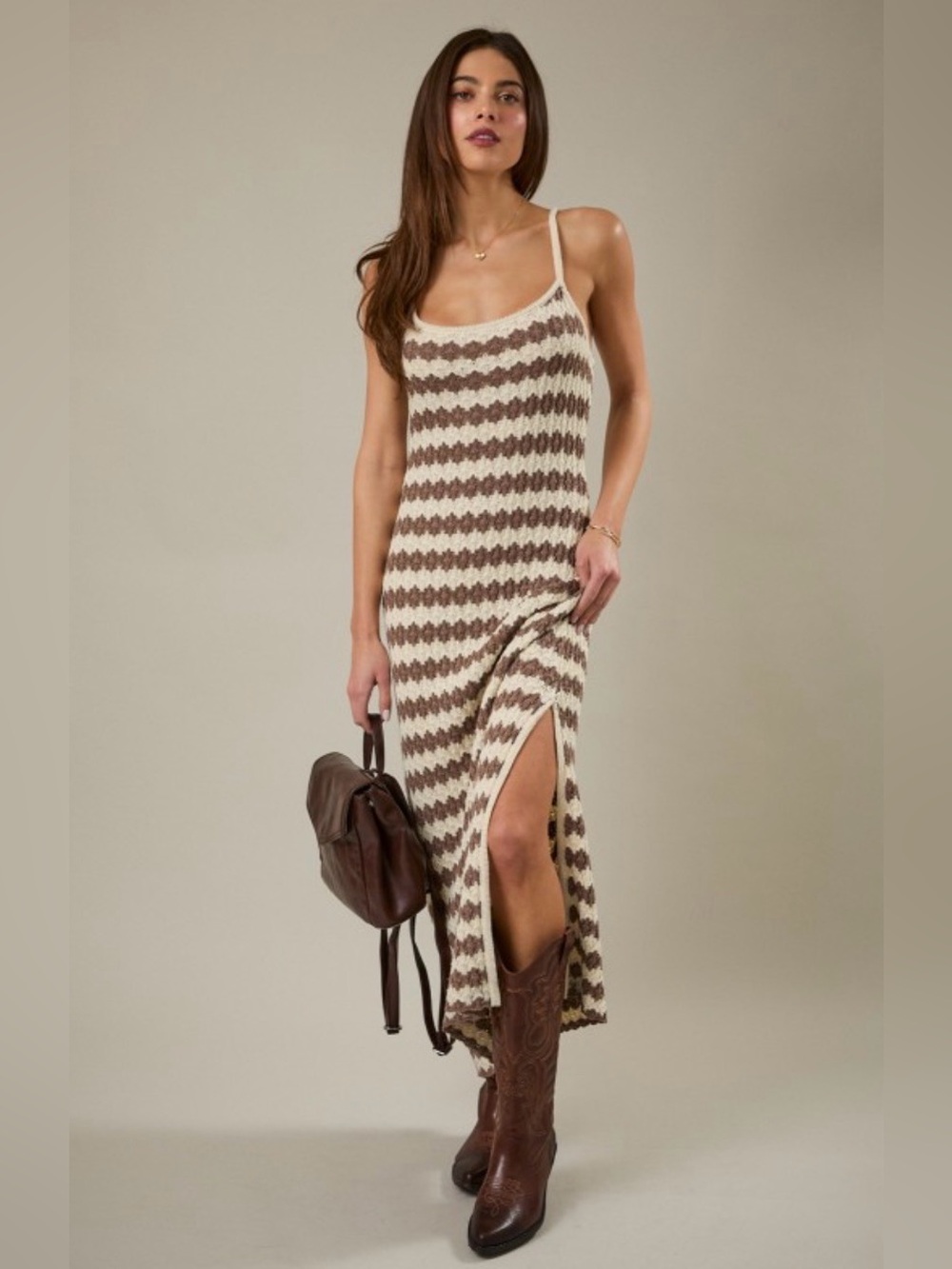Striped Cream and Brown Knit Maxi Dress with Side Slit